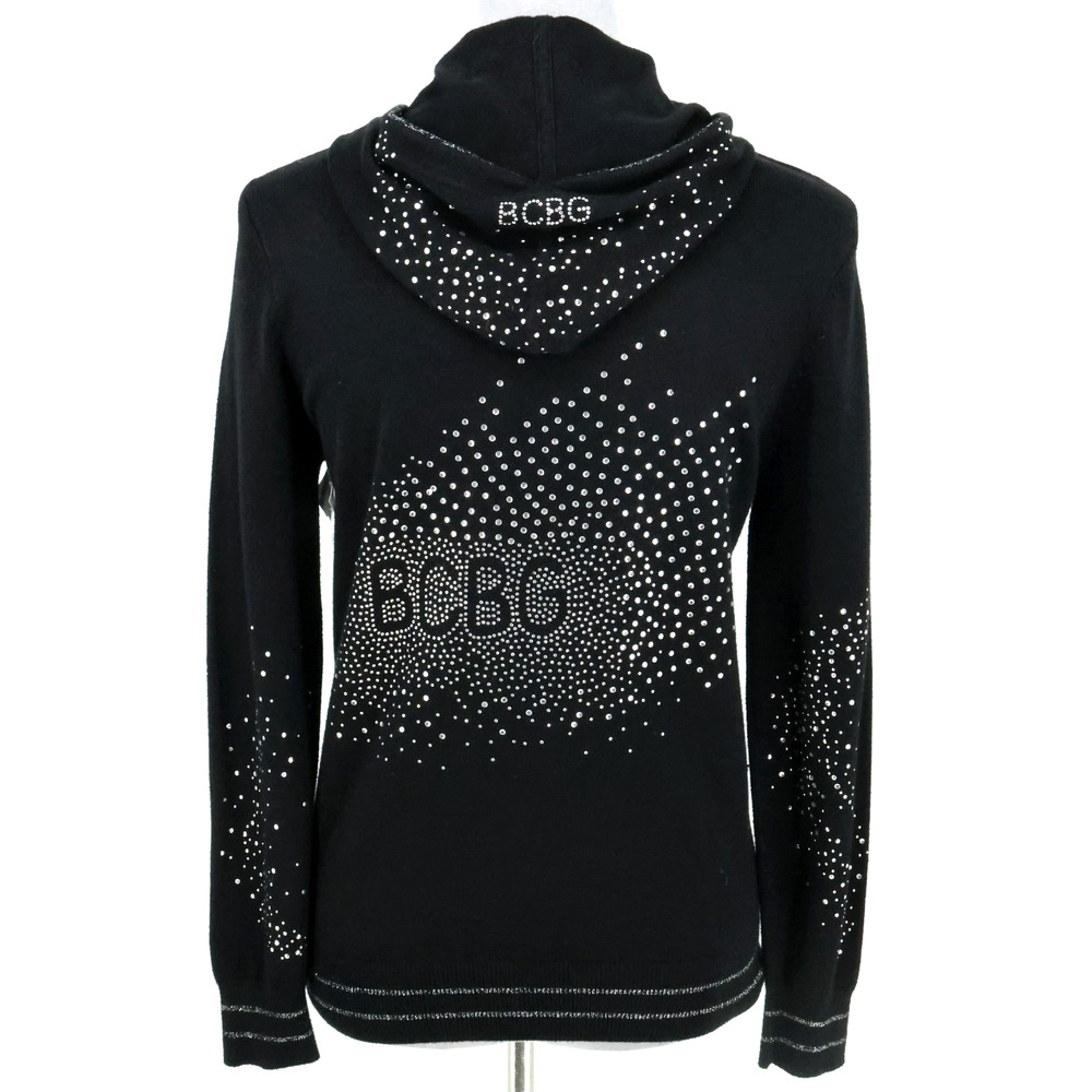 BCBG Max Azria Jacket Juniors Large Black Hooded Pockets Rhinestones Full Zip - Picture 3 of 16
